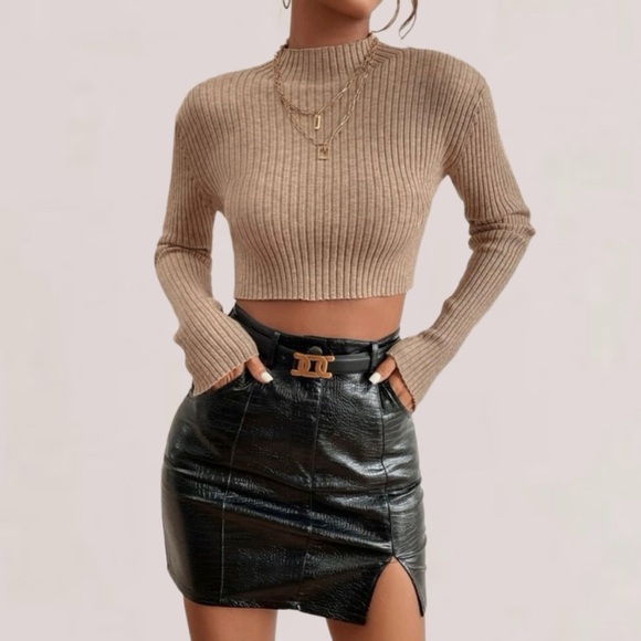 SHEIN Tan Mock-Neck Rib-Knit Sweater Size Small - Picture 2 of 11